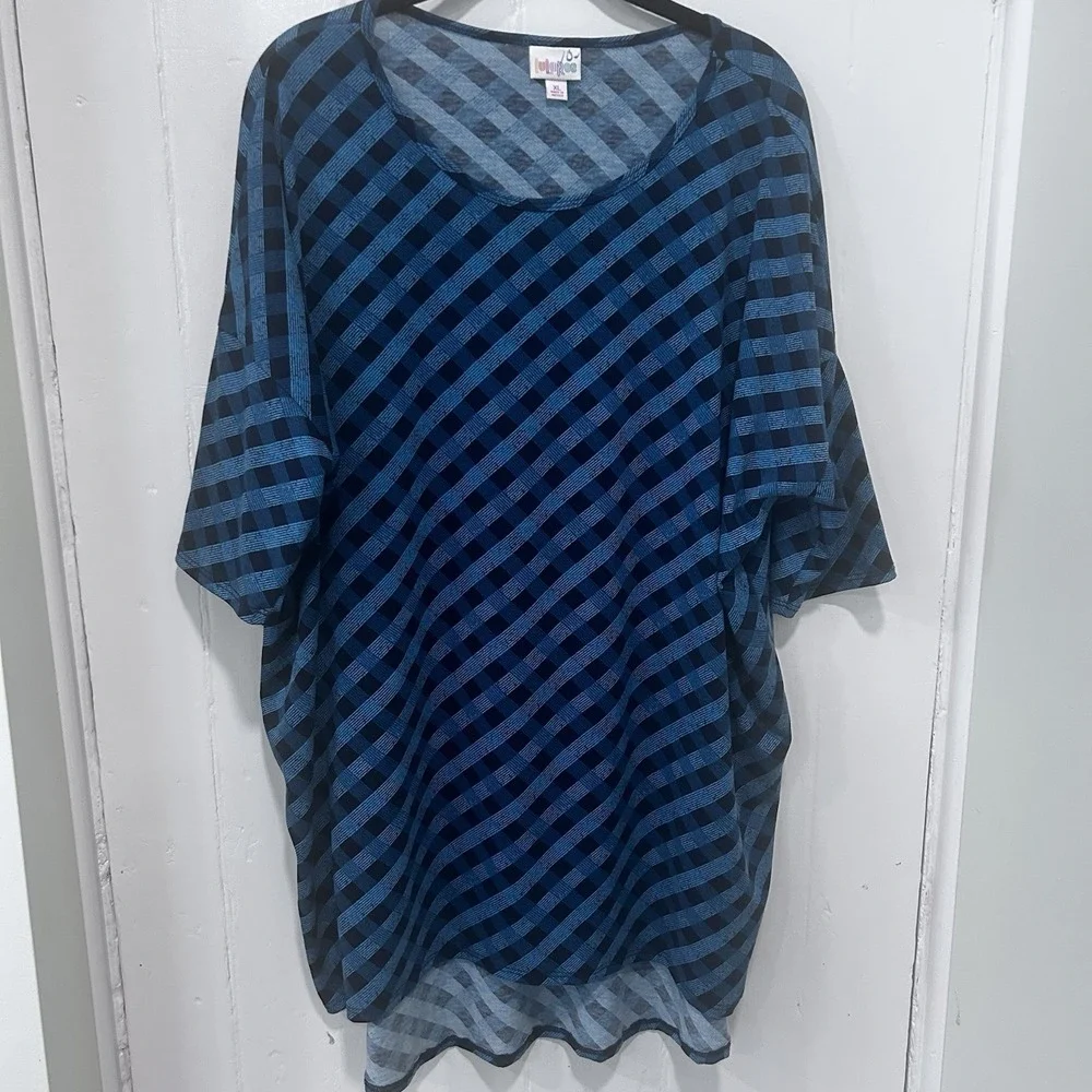 LuLaRoe Blue Black Diagonal Plaid Short Sleeve HiLow Tunic XL Simply Comfortable